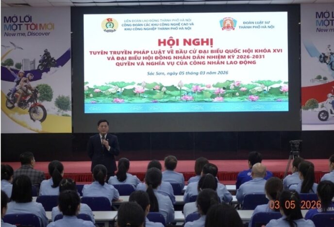 uật sư Nguyễn Văn Hà tuyên truyền pháp luật về bầu cử cho cử tri là đoàn viên công đoàn, người lao động Công ty TNHH Yamaha Motor Việt Nam ngày 05/3/2026.